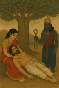 Savitri sits under a banyan tree with Satyavan in her lap as Yamraj stands nearby holding his noose. vat savitri vrat katha